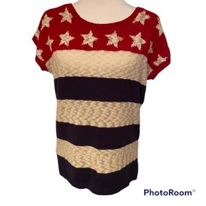 COLLEEN LOPEZ SWEATER CREW ROUND NECK RED CREAM BLUE STARS STRIPES FLAG SIZE S